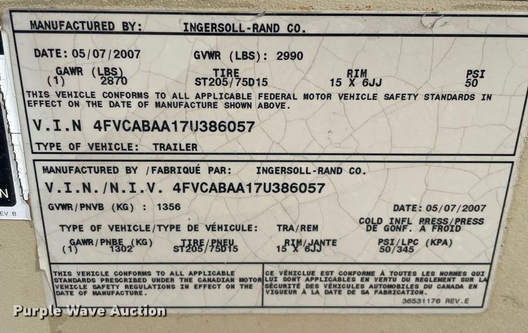 image for item LJ9566 2007 Ingersoll Rand P185WJD  air compressor