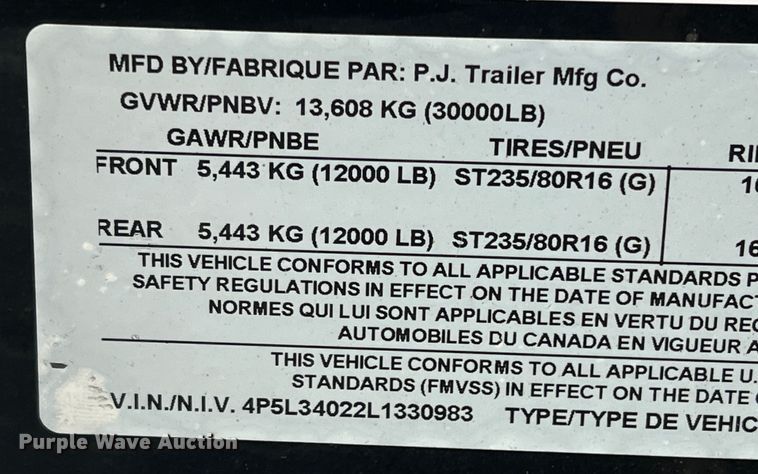 image for item MQ9871 2020 PJ  equipment trailer