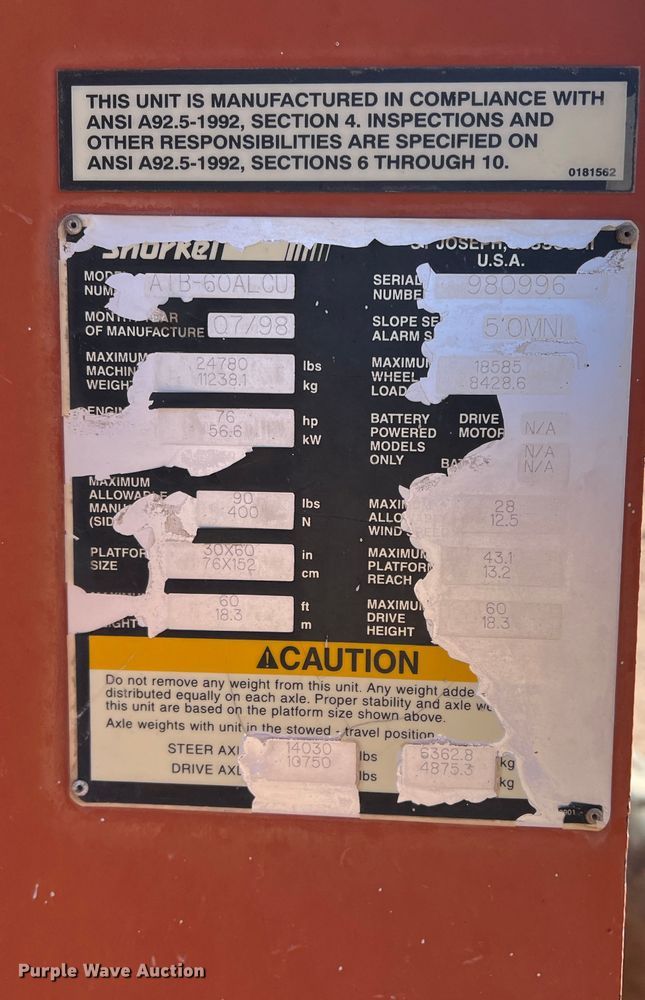 image for item MQ9883 1998 Snorkel ATB60ALCU  boom lift