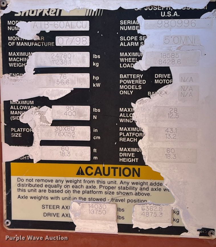 image for item MQ9883 1998 Snorkel ATB60ALCU  boom lift