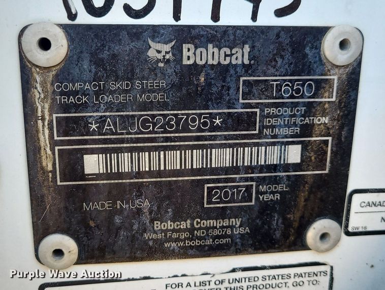 image for item MX9565 2017 Bobcat T650  tracked skid steer loader