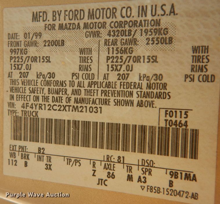 image for item DK7733 1999 Mazda B2500 SE  pickup truck