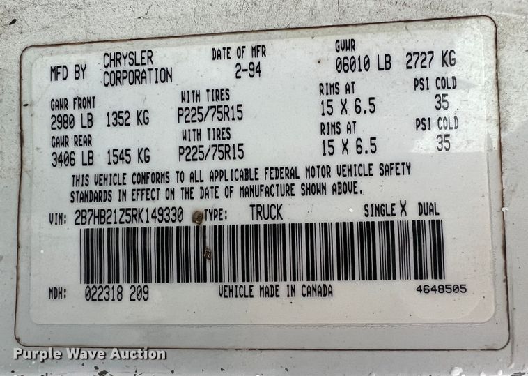 image for item KR9506 1994 Dodge Ram B250  van