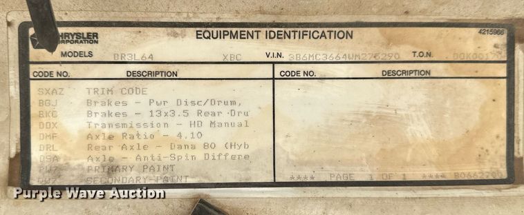 image for item LR9654 1998 Dodge Ram 3500  flatbed pickup truck