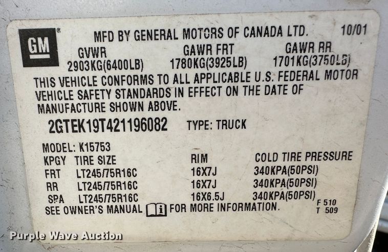 image for item LT9277 2002 GMC Sierra 1500  Ext. Cab pickup truck