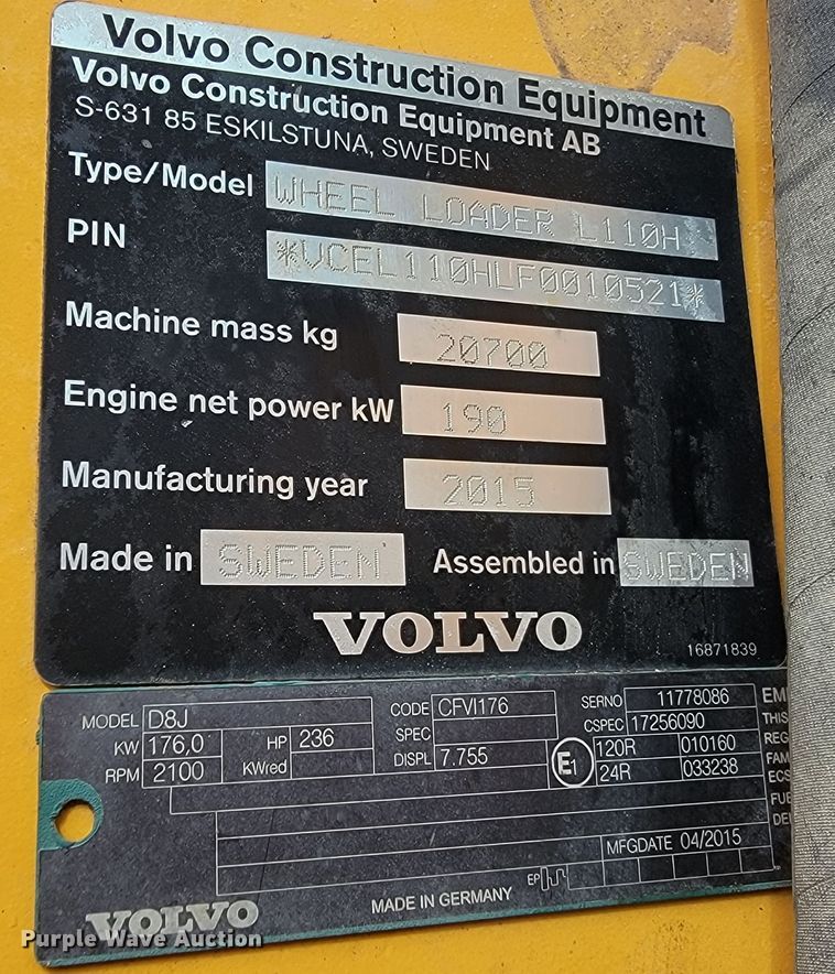 image for item LV9402 2015 Volvo L110H  high lift wheel loader