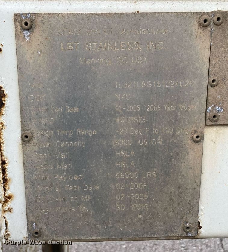 image for item MG9783 2005 LBT Stainless  tank trailer