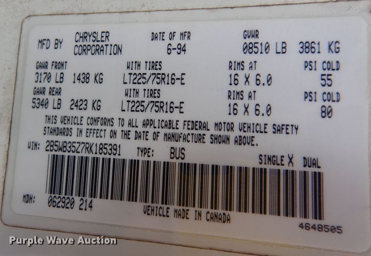 image for item MI9318 1994 Dodge Ram Wagon B350  handicap accessible van