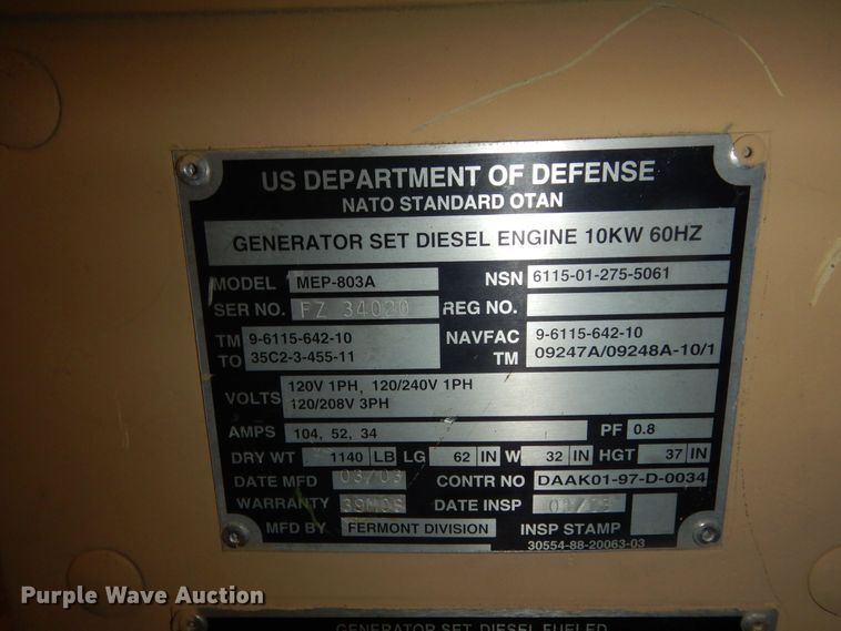image for item MI9376 Us Department Of Defense MEP803A  generator
