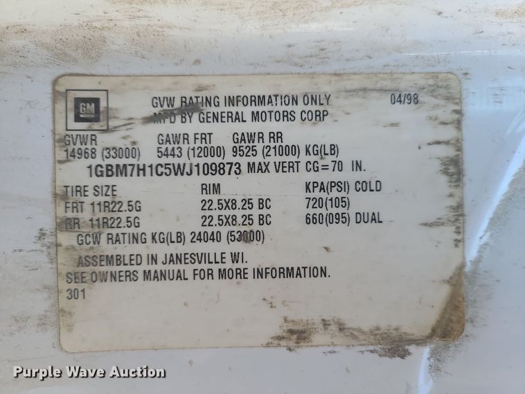 image for item MX9554 1998 Chevrolet C7500  dump truck