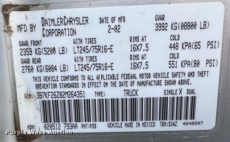 image for item MY9551 2002 Dodge Ram 2500  pickup truck