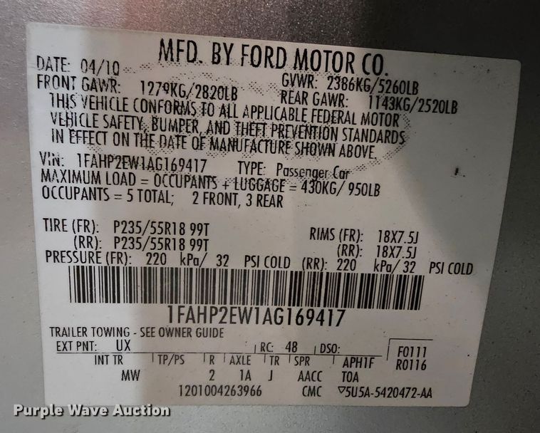 image for item DK7693 2010 Ford Taurus SEL
