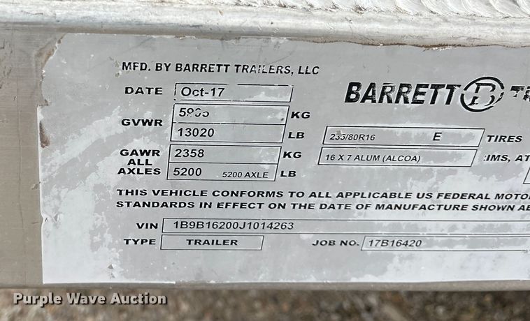 image for item DQ4111 2018 Barrett  livestock trailer