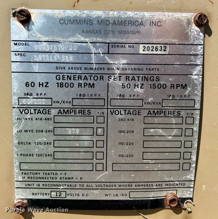 image for item MY9635 Cummins 80G875TG/GC  generator