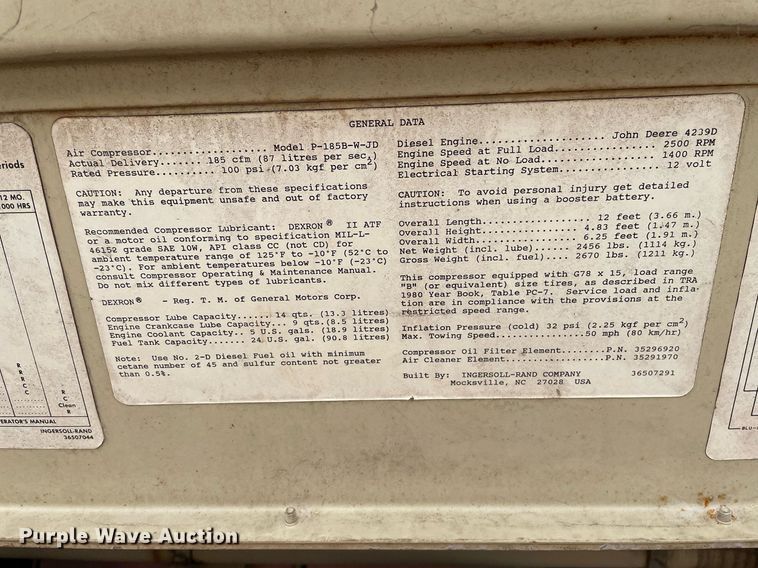 image for item DO3869 Ingersoll Rand P185BWJD  air compressor