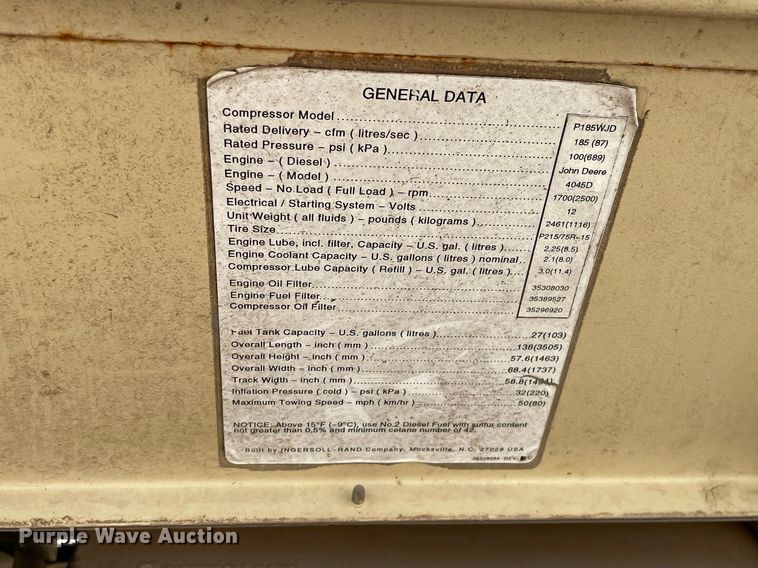 image for item DO3873 1997 Ingersoll Rand P185WJD  air compressor