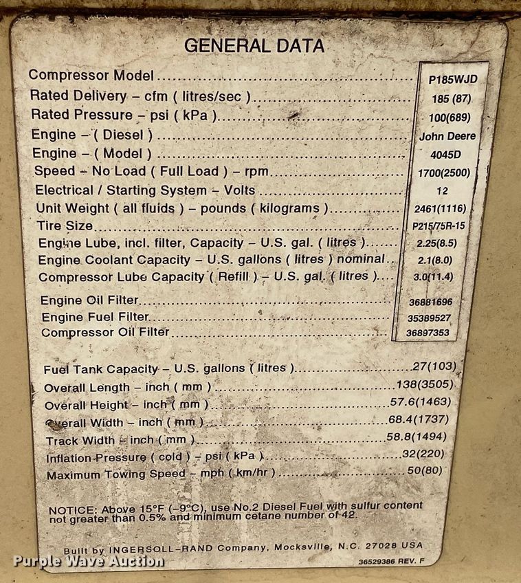 image for item MP9235 1998 Ingersoll Rand P185WJD  air compressor