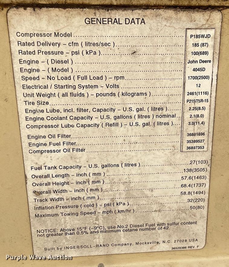 image for item MP9235 1998 Ingersoll Rand P185WJD  air compressor