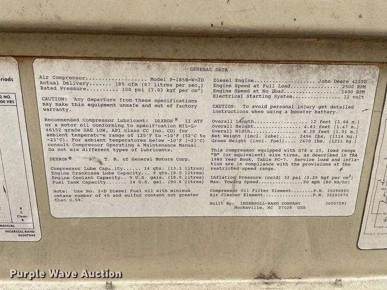 image for item MP9236 Ingersoll Rand P185BWJD  air compressor