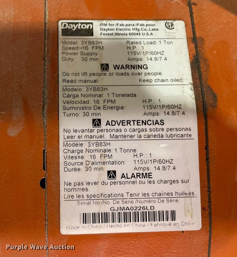 image for item MS9581 Dayton 3YB83H  chain hoist