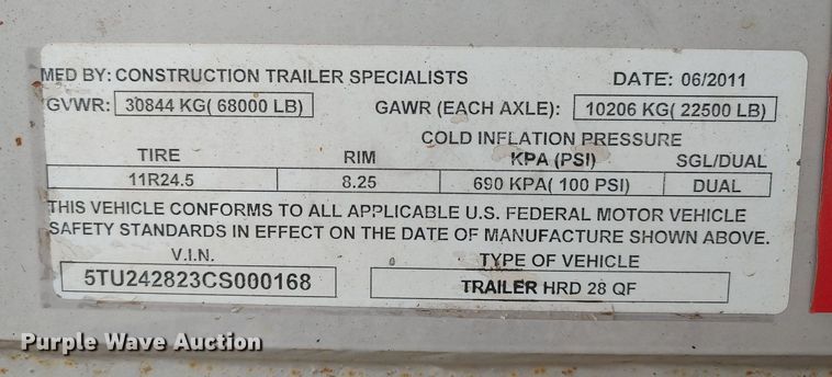 image for item DQ0493 2012 Construction Trailer Specialist  end dump trailer