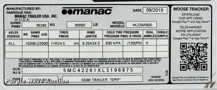 image for item HP9699 2019 Manac 4K228AB00  end dump trailer