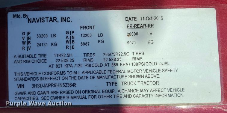image for item JW9169 2017 International ProStar Plus 122  semi truck