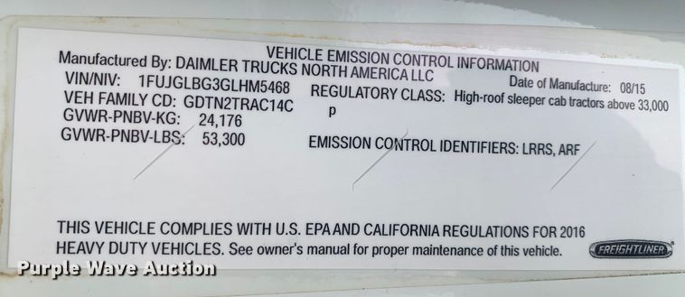 image for item LI9161 2016 Freightliner Cascadia  semi truck