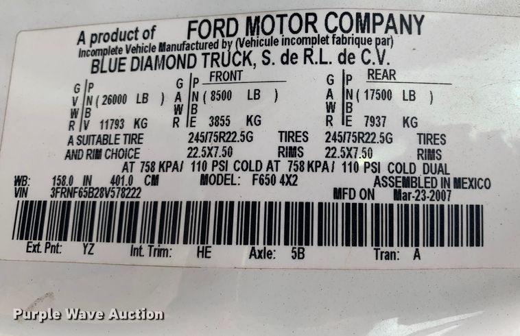 image for item LI9232 2008 Ford F650 Super Duty  truck cab and chassis