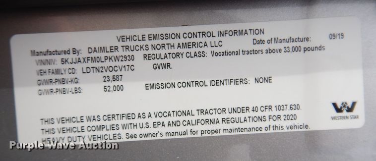 image for item MO9598 2020 Western Star 4700SB  semi truck