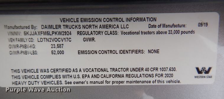 image for item MO9600 2020 Western Star 4700SB  semi truck