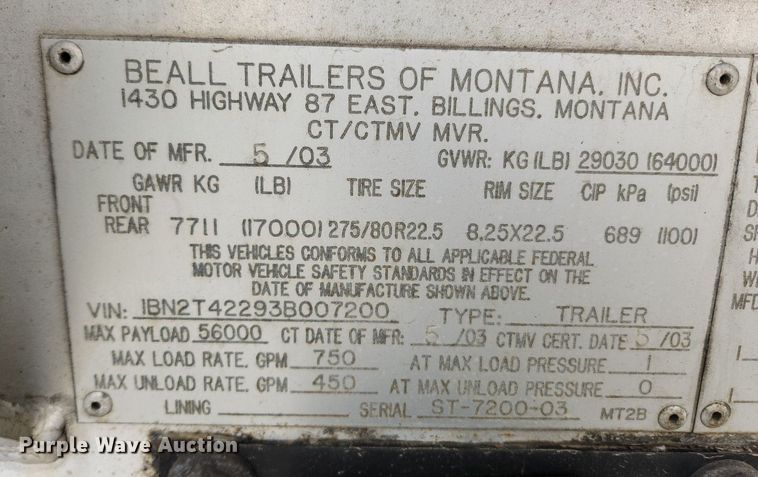 image for item MW9614 2003 Beall Bast-95-4SB  tank trailer