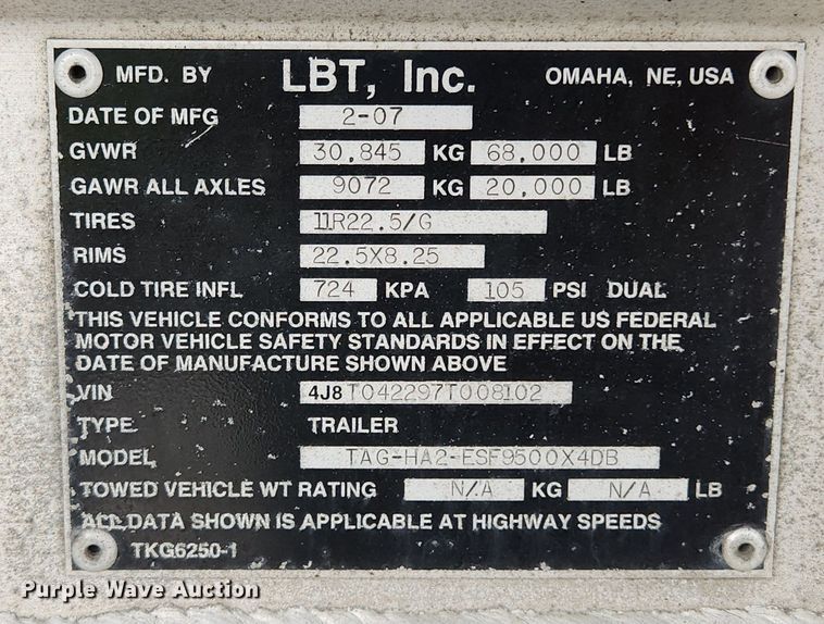 image for item MW9615 2007 LBT TAG-HA2-ESF9500X4DB  tank trailer