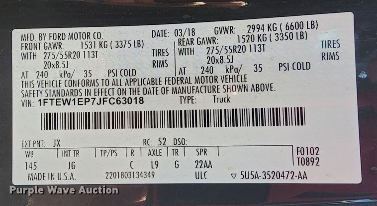 image for item DK6503 2018 Ford F150  SuperCrew pickup truck