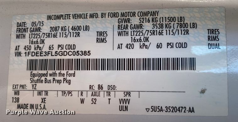 image for item KB9499 2016 Ford E350 Super Duty  shuttle bus