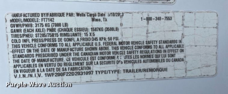 image for item KB9523 2013 Wells Cargo FT7142  enclosed cargo trailer