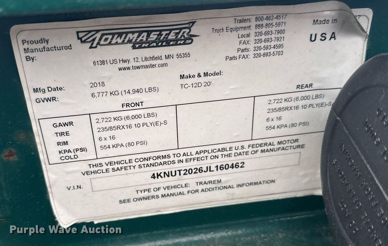 image for item KU9903 2018 Towmaster TC12D  equipment trailer