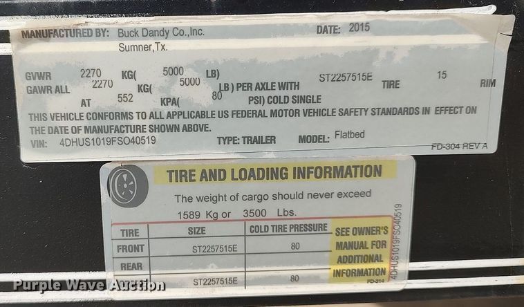 image for item LT9558 2015 Buck Dandy  utility trailer