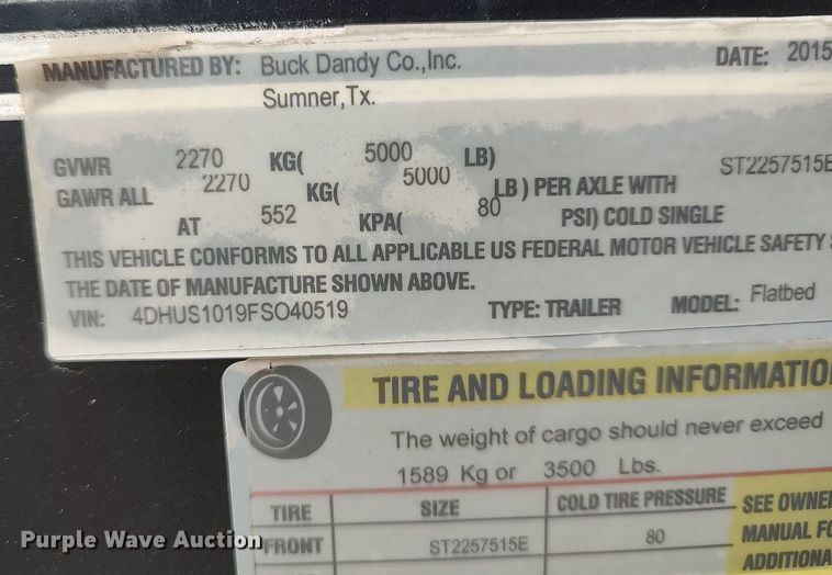 image for item LT9558 2015 Buck Dandy  utility trailer