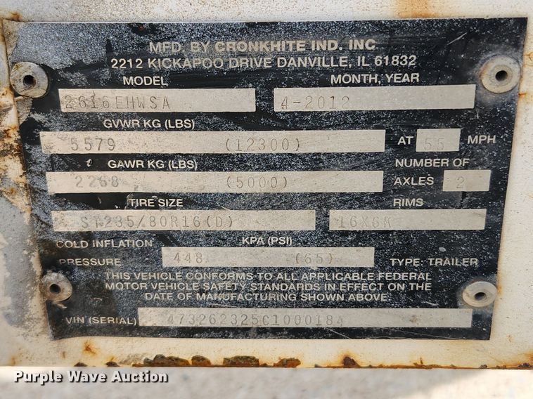 image for item MW9650 2012 Cronkhite  equipment trailer