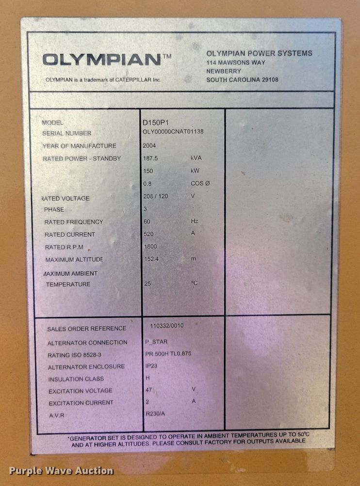 image for item DK5228 2004 Caterpillar Olympian D150P1  generator
