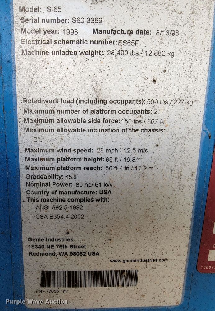 image for item HP9703 1998 Genie S-65  boom lift