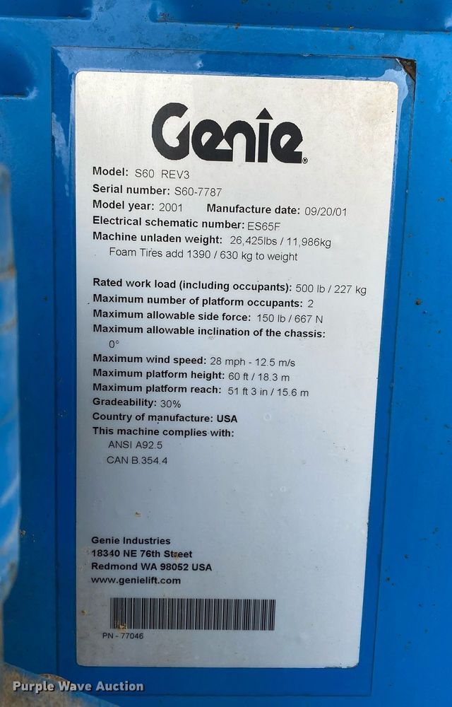 image for item KB9511 2001 Genie S60 REV3  boom lift
