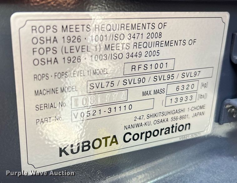 image for item LI9596 2022 Kubota SVL75-2  tracked skid steer loader