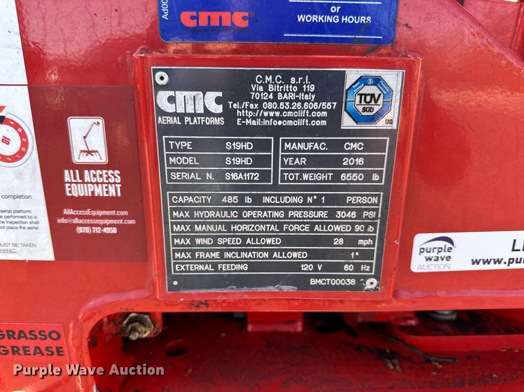image for item LN9436 2016 CMC S19HD  boom lift