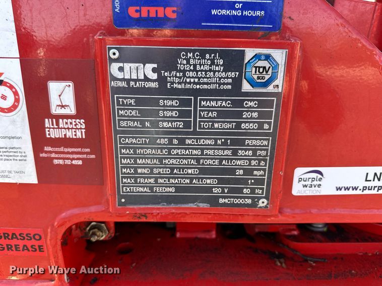 image for item LN9436 2016 CMC S19HD  boom lift