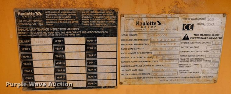 image for item LV9476 2013 Haulotte 55XA  boom lift