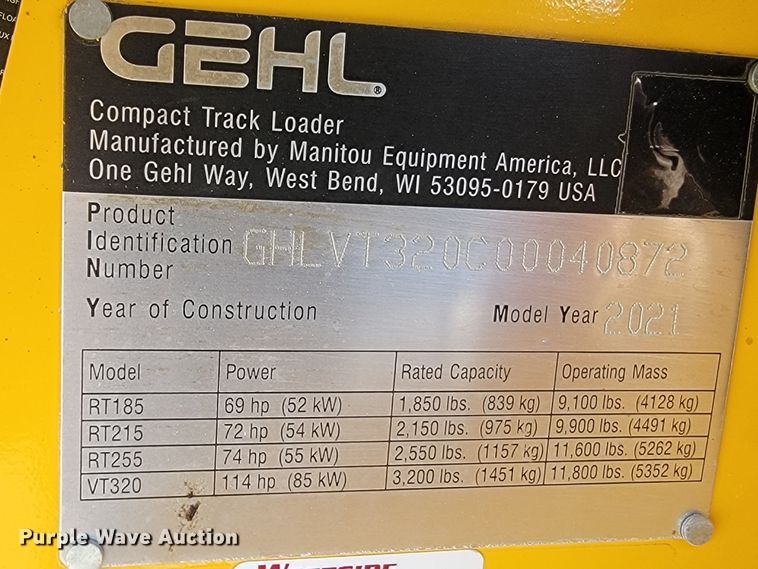 image for item LV9486 2021 Gehl VT320  tracked skid steer loader