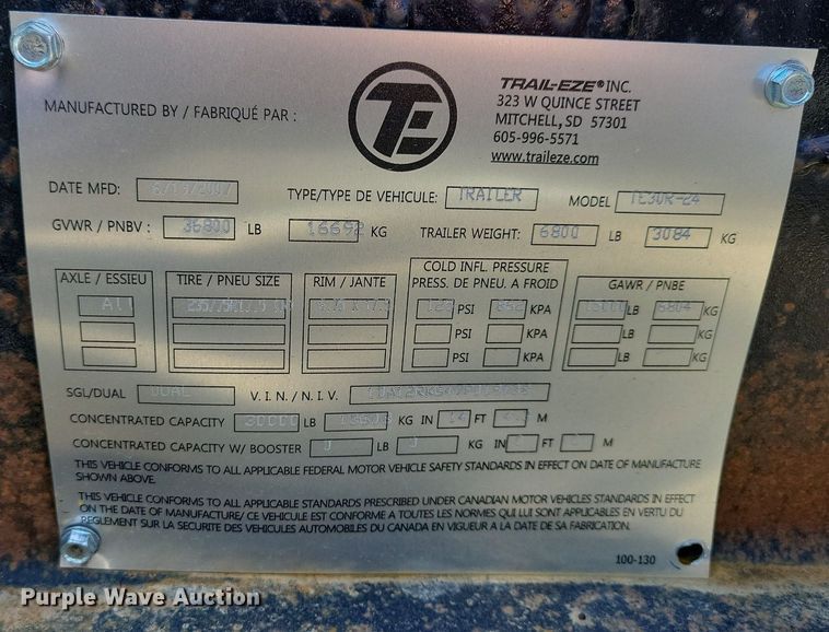 image for item DK5212 2007 Trail Eze TE30R24  equipment trailer