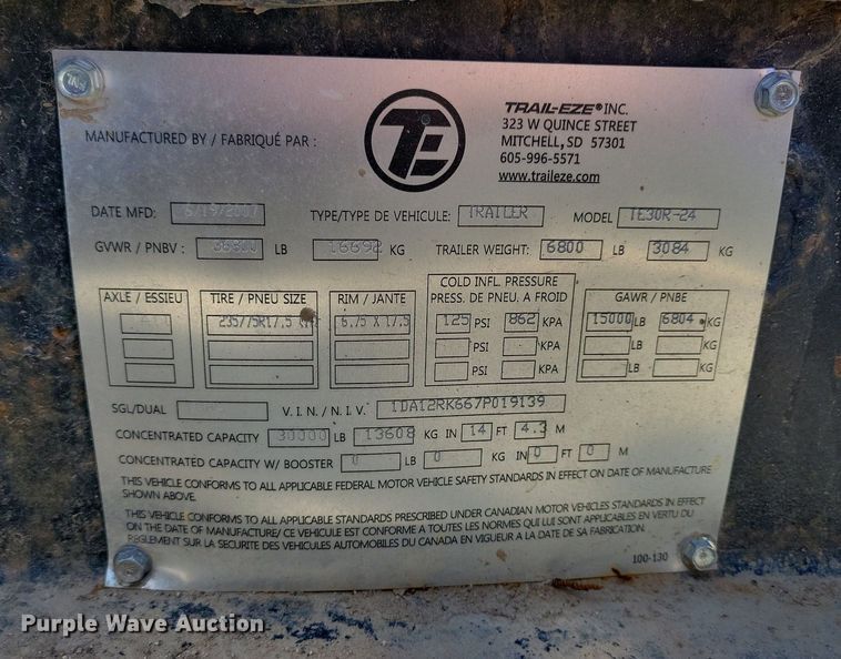 image for item DK5213 2007 Trail Eze TE30R24  equipment trailer